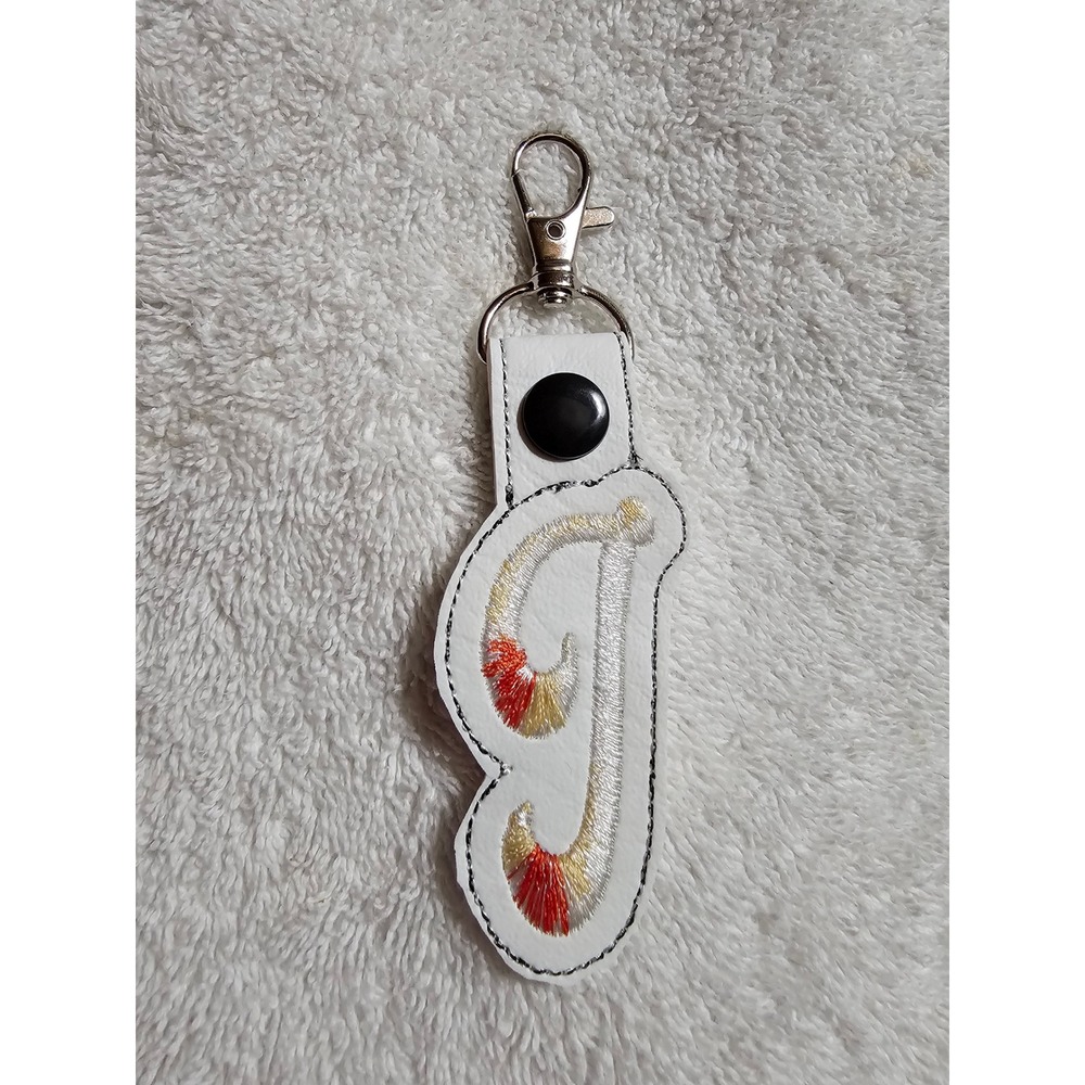 Letter J Keychain Embroidered Initial Bag‎ Charm Purse Charm White
